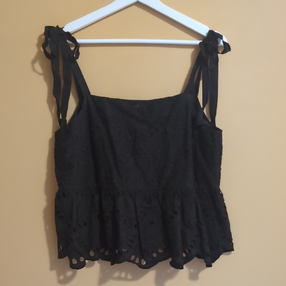 J. Crew Black Eyelet Tie Strap Blouse